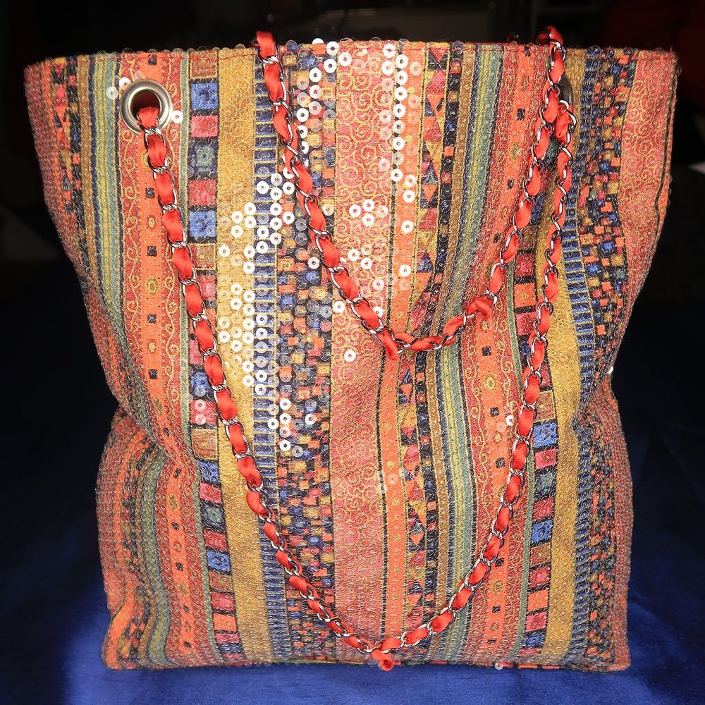 ‘No Name’ Fetish Boutique Multicolored/Red Sequin Tote with Chain/Silk Handles
